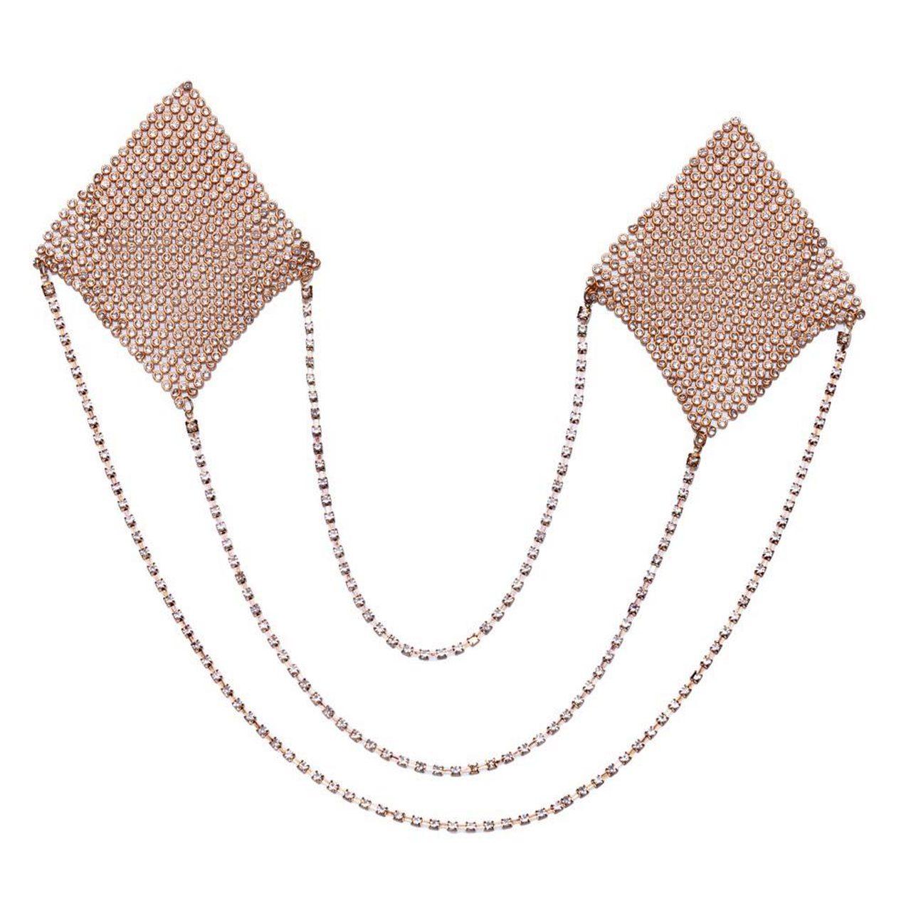 Złote naklejki na sutki z łańcuszkami 6,5 cm - biżuteryjny blask