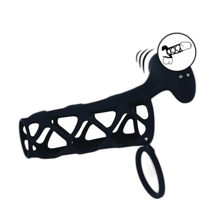 Wibrująca tuleja na penisa z pierścieniem na jądra | Silikonowa, czarna