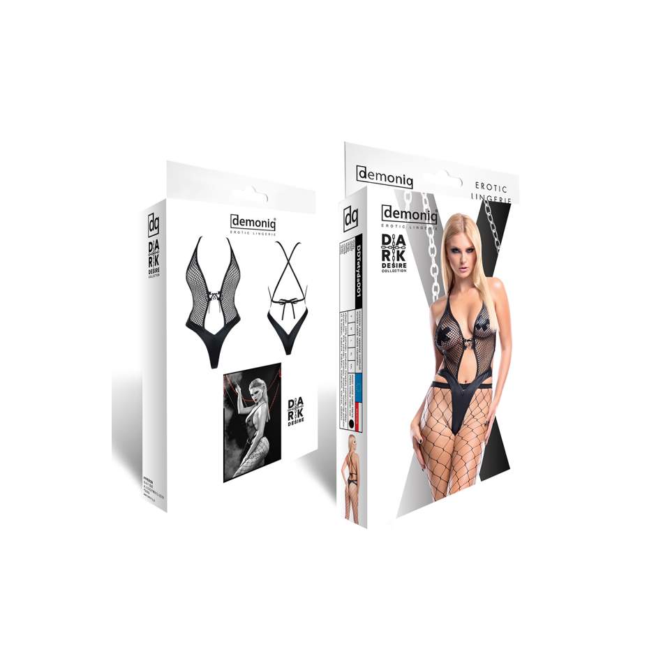 Czarne body Demoniq Tetyda o nowoczesnym kroju + seksowne rajstopy 