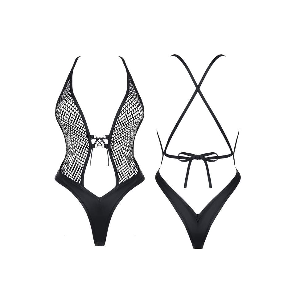 Czarne body Demoniq Tetyda o nowoczesnym kroju + seksowne rajstopy 