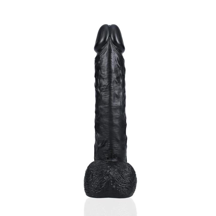 Realistyczne duże dildo 35,5 cm czarne z przyssawką i bazą do uprzęży
