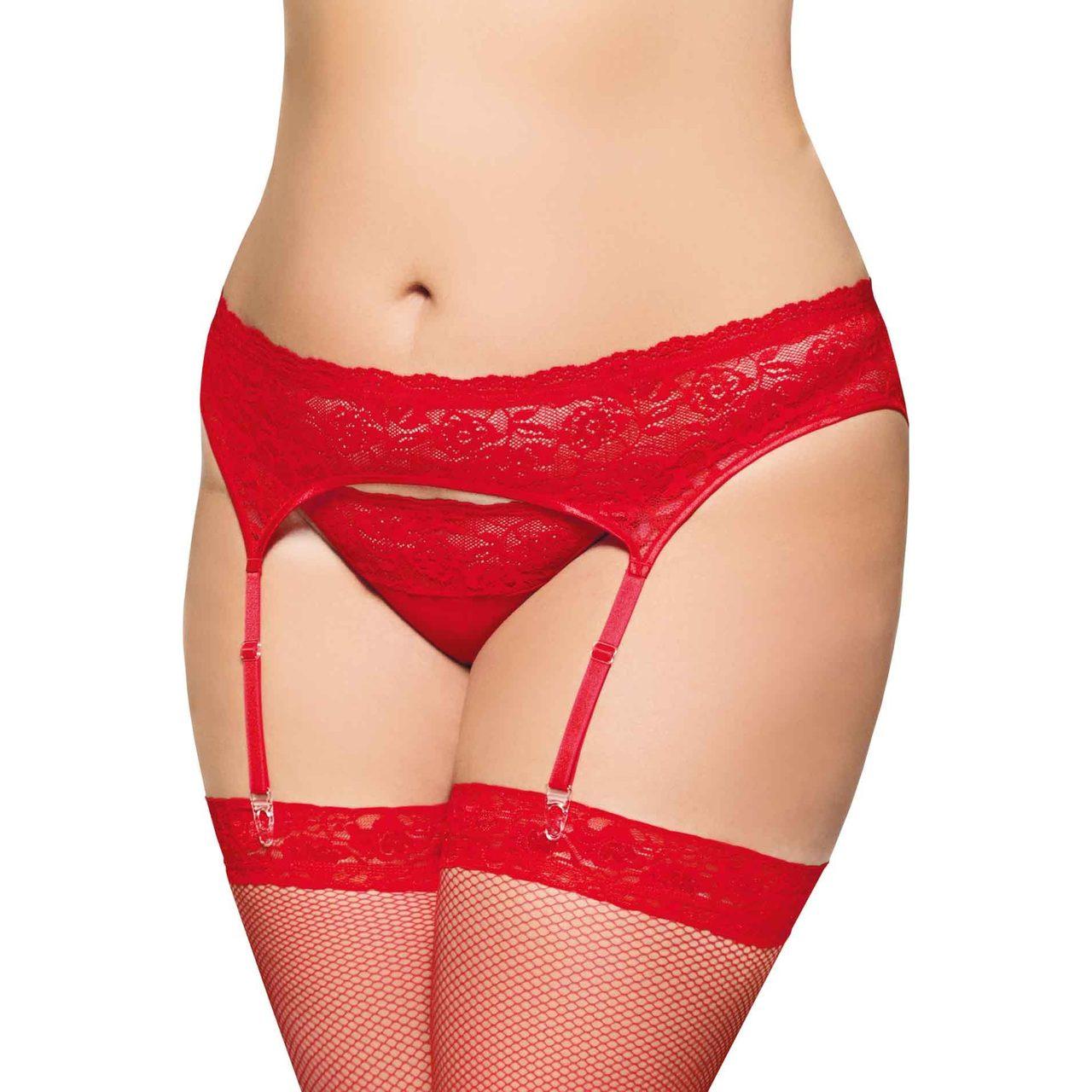 Czerwony pas do pończoch i stringi plus size 3XL – koronka i regulacja