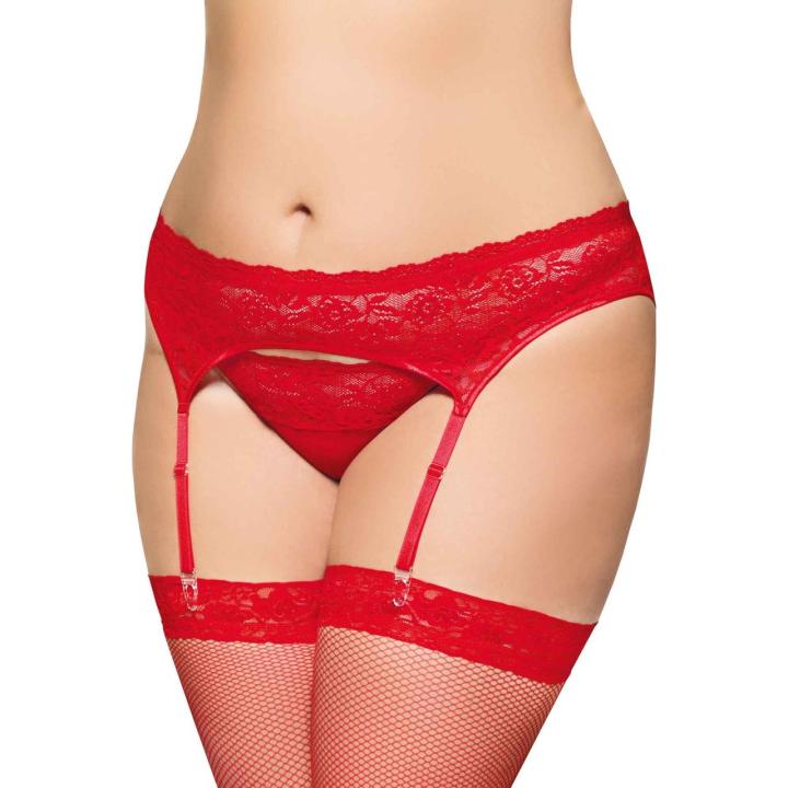 Czerwony pas do pończoch i stringi plus size 3XL – koronka i regulacja
