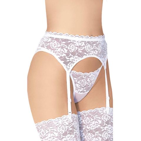 Biały pas do pończoch ze stringami S/M – koronkowy komplet