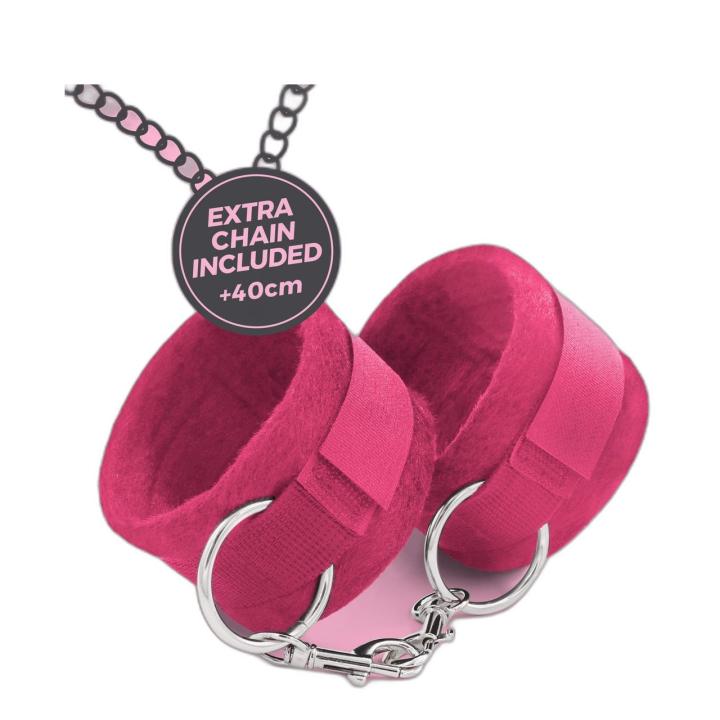 Różowe kajdanki na rzep z łańcuszkiem 40 cm – BDSM | Loris.pl