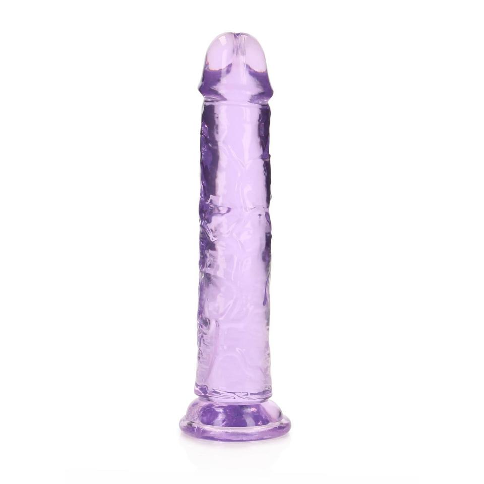Przezroczyste fioletowe dildo z przyssawką do stymulacji analnej i waginalnej- 18cm
