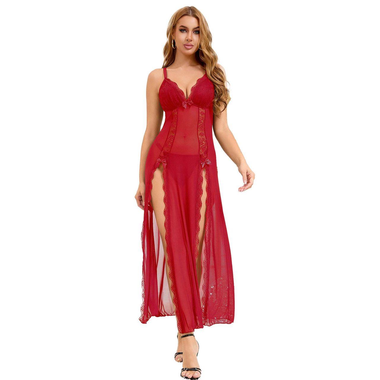 Długa czerwona koszula nocna z koronką i tiulem + stringi | Loris.pl