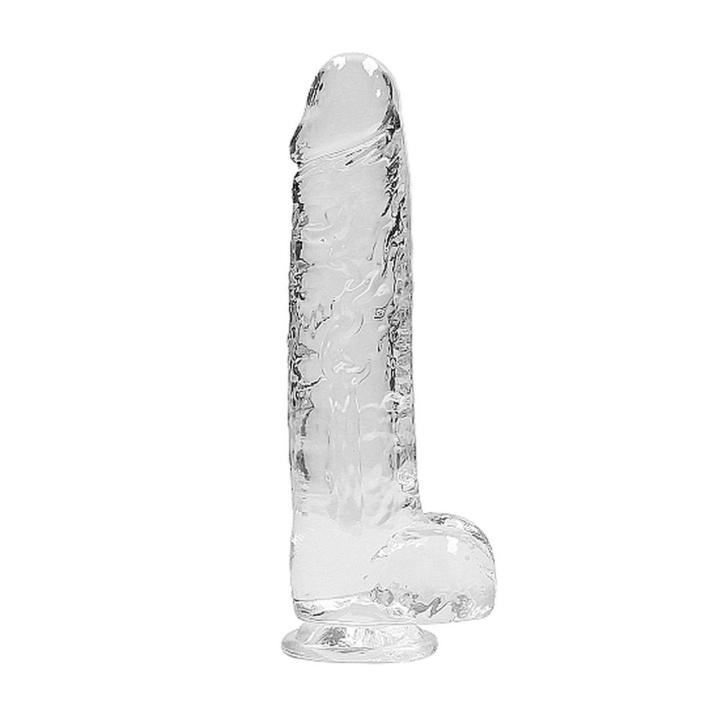 Przezroczyste dildo z jądrami i przyssawką 25 cm