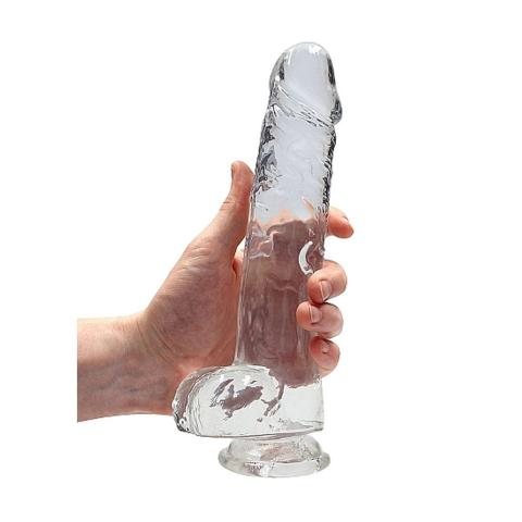 Przezroczyste dildo z jądrami i przyssawką 25 cm