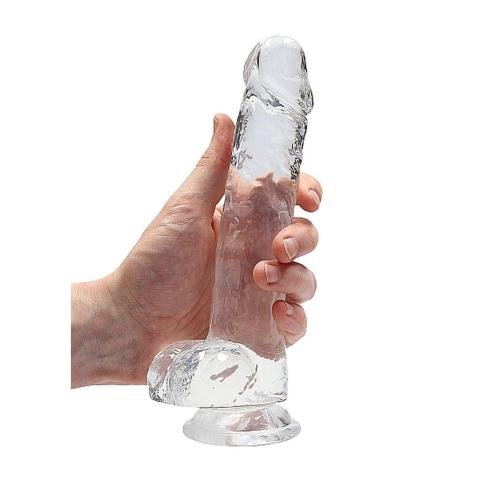 Przezroczyste dildo z jądrami i przyssawką 21 cm – realistyczne