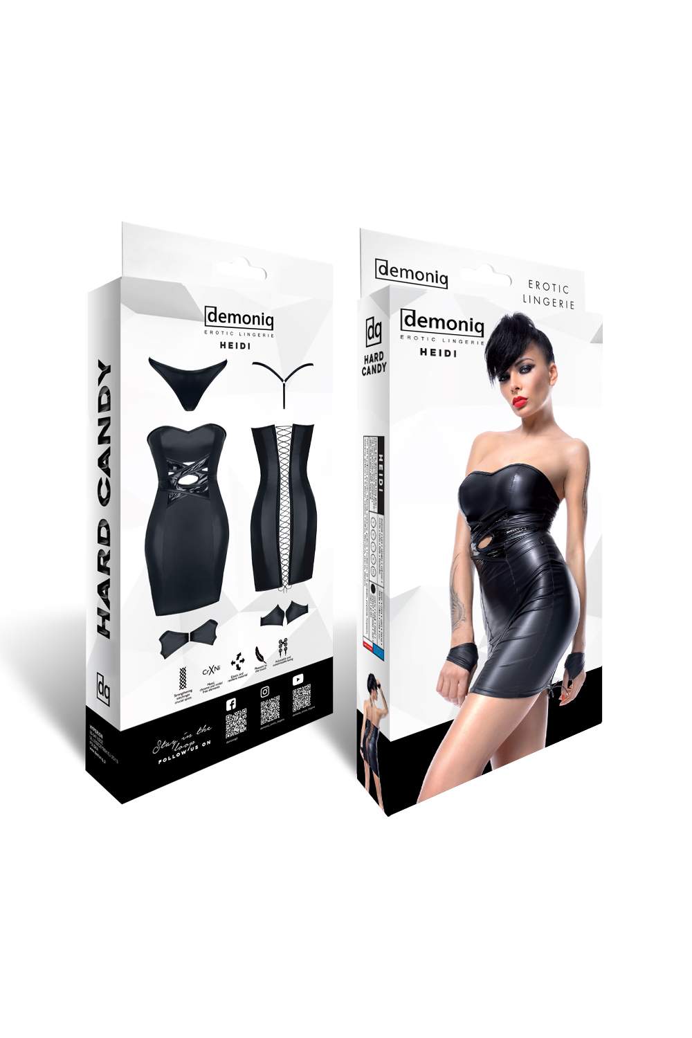 Klasyczna czarna mini sukienka Demoniq Heidi + stringi i krótkie rękawiczki