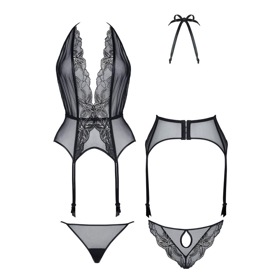 Czarny gorset Demoniq Penelope + stringi i gładkie pończochy