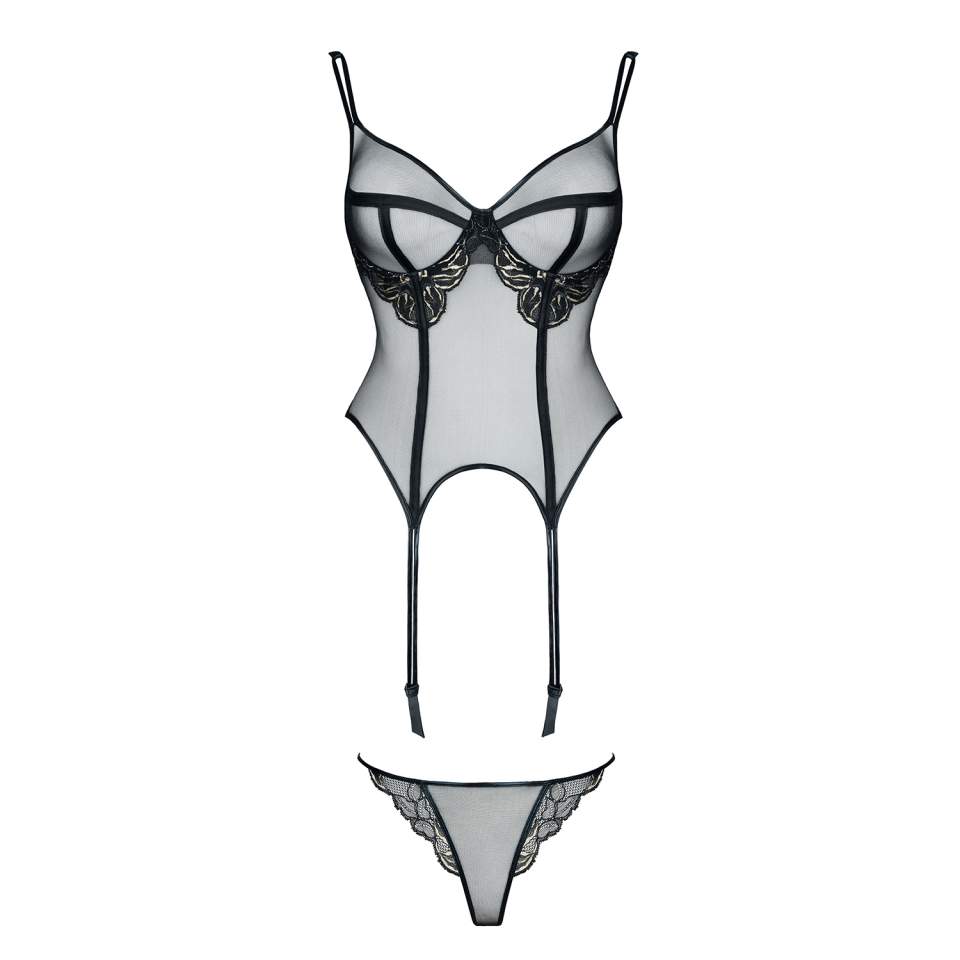 Seksownie prześwitujący czarny gorset Demoniq Ginette + stringi