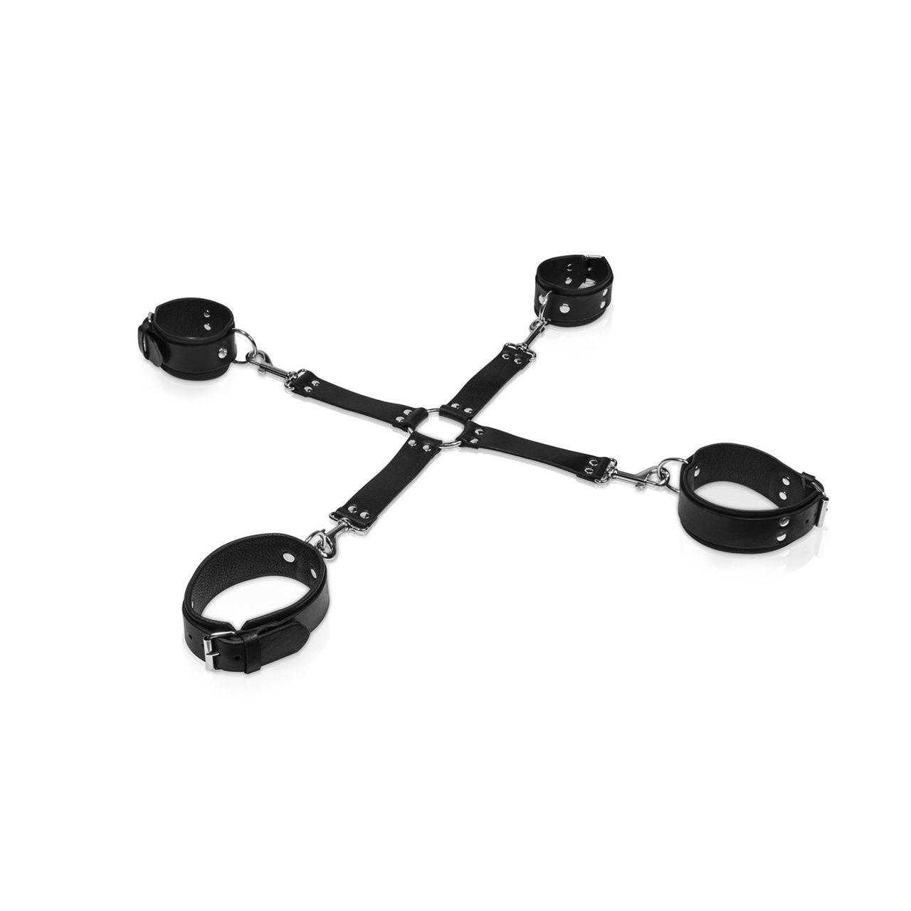 Czarny krzyżak skórzany BDSM z regulowanymi kajdankami | Loris.pl