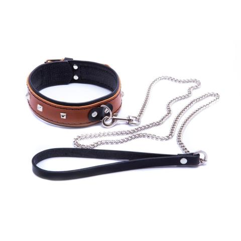 Skórzana obroża BDSM ze smyczą 90 cm koniakowa
