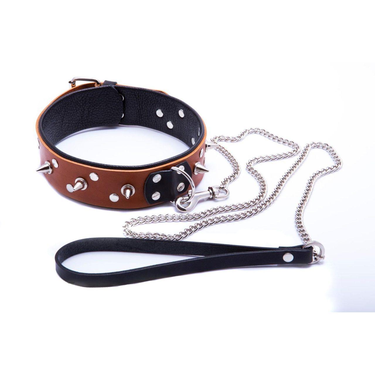 Skórzana obroża męska BDSM z łańcuszkiem 100 cm koniakowa | Loris.pl