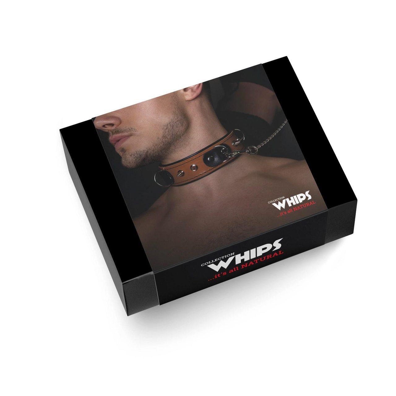 Skórzana obroża męska BDSM z łańcuszkiem 100 cm koniakowa | Loris.pl