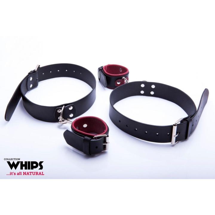 Skórzane kajdanki na uda i nadgarstki BDSM – uprząż krępująca | Loris.pl