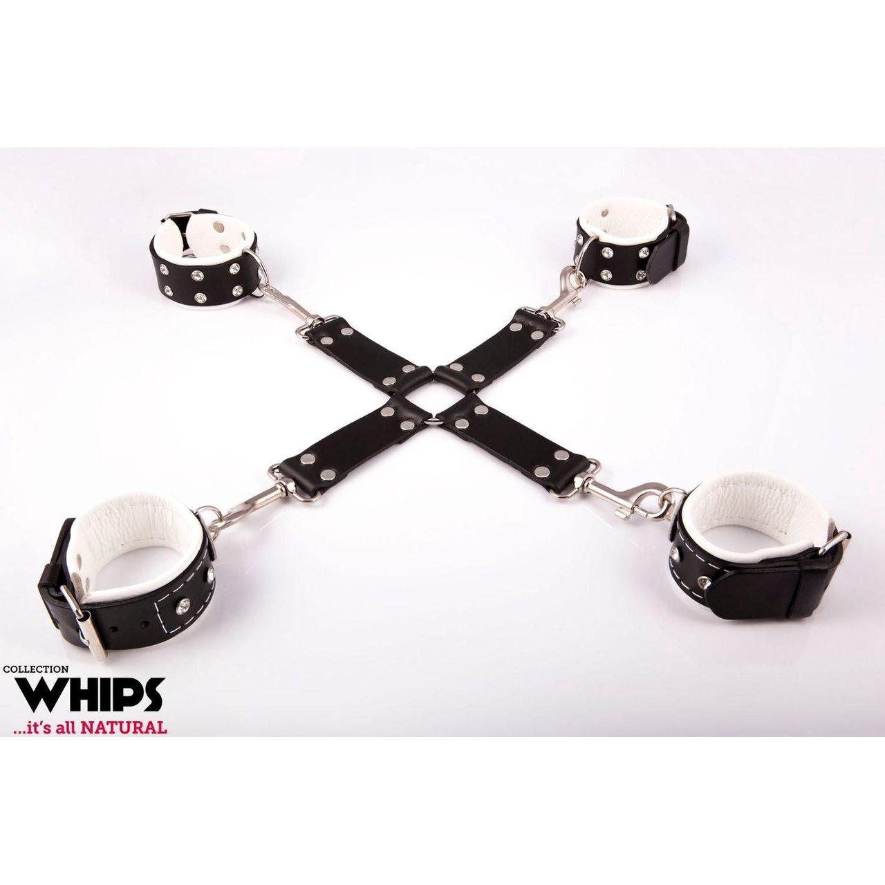 Skórzany krzyżak BDSM do krępowania rąk i nóg biało czarny | Loris.pl