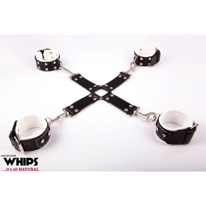 Skórzany krzyżak BDSM do krępowania rąk i nóg biało czarny | Loris.pl