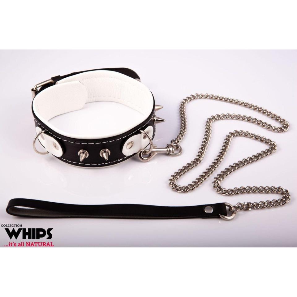 Skórzana obroża BDSM ze smyczą i ćwiekami biała 42–50 cm