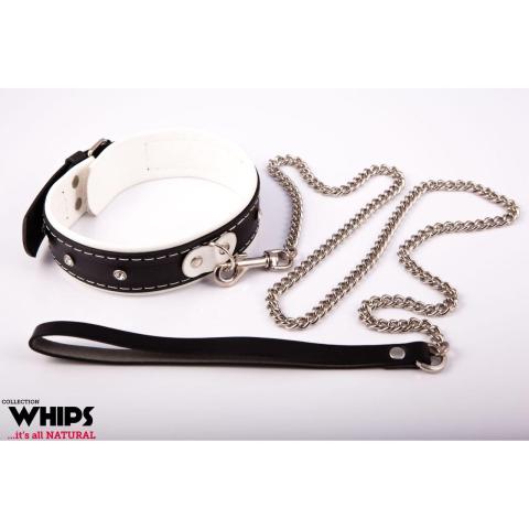 Skórzana obroża BDSM ze smyczą 90 cm biało-czarna