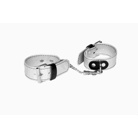 Lakierowane kajdanki BDSM srebrne na ręce 3 cm | Regulacja 17–21 cm