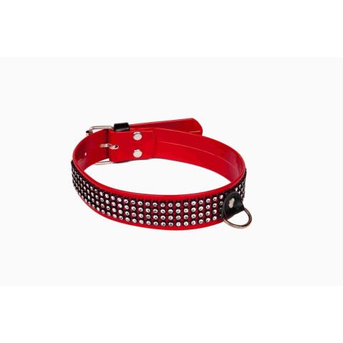 Czerwona obroża BDSM 3 cm z kryształkami | Lakierowana, regulacja 36–42 cm