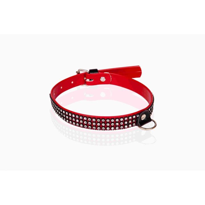 Czerwona lakierowana obroża BDSM z kryształkami 2 cm | Regulacja 36–42 cm