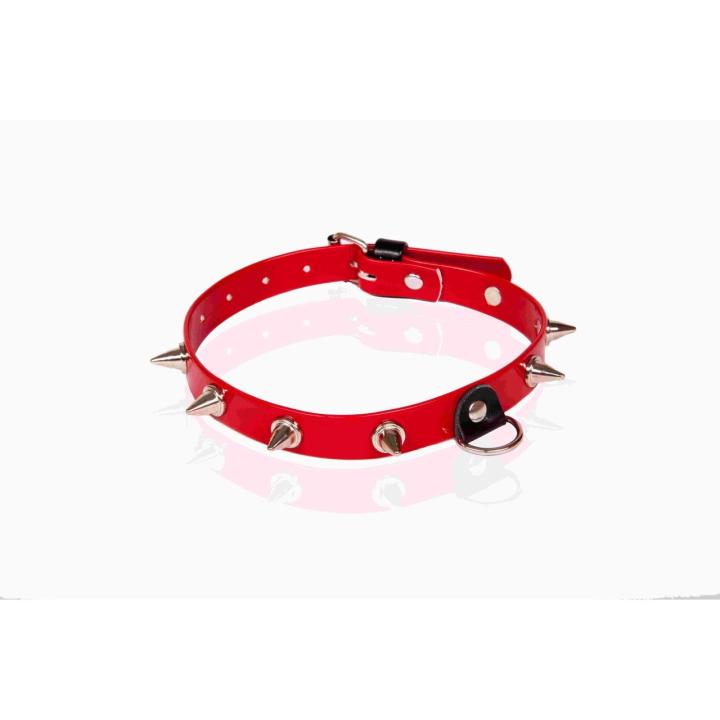 Czerwona lakierowana obroża BDSM z kolcami wegańska | Loris.pl