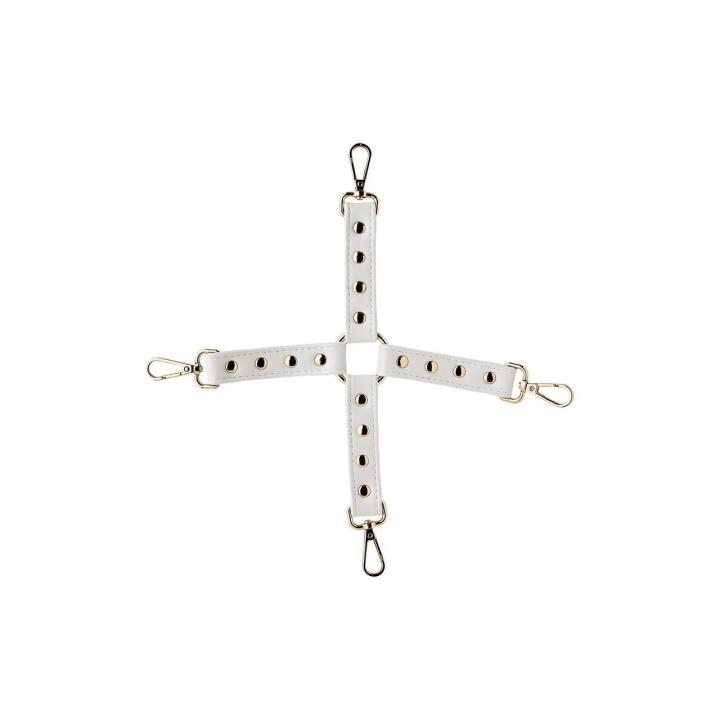 Białe więzy hogtie BDSM z eko skóry i 4 karabińczykami | Loris.pl