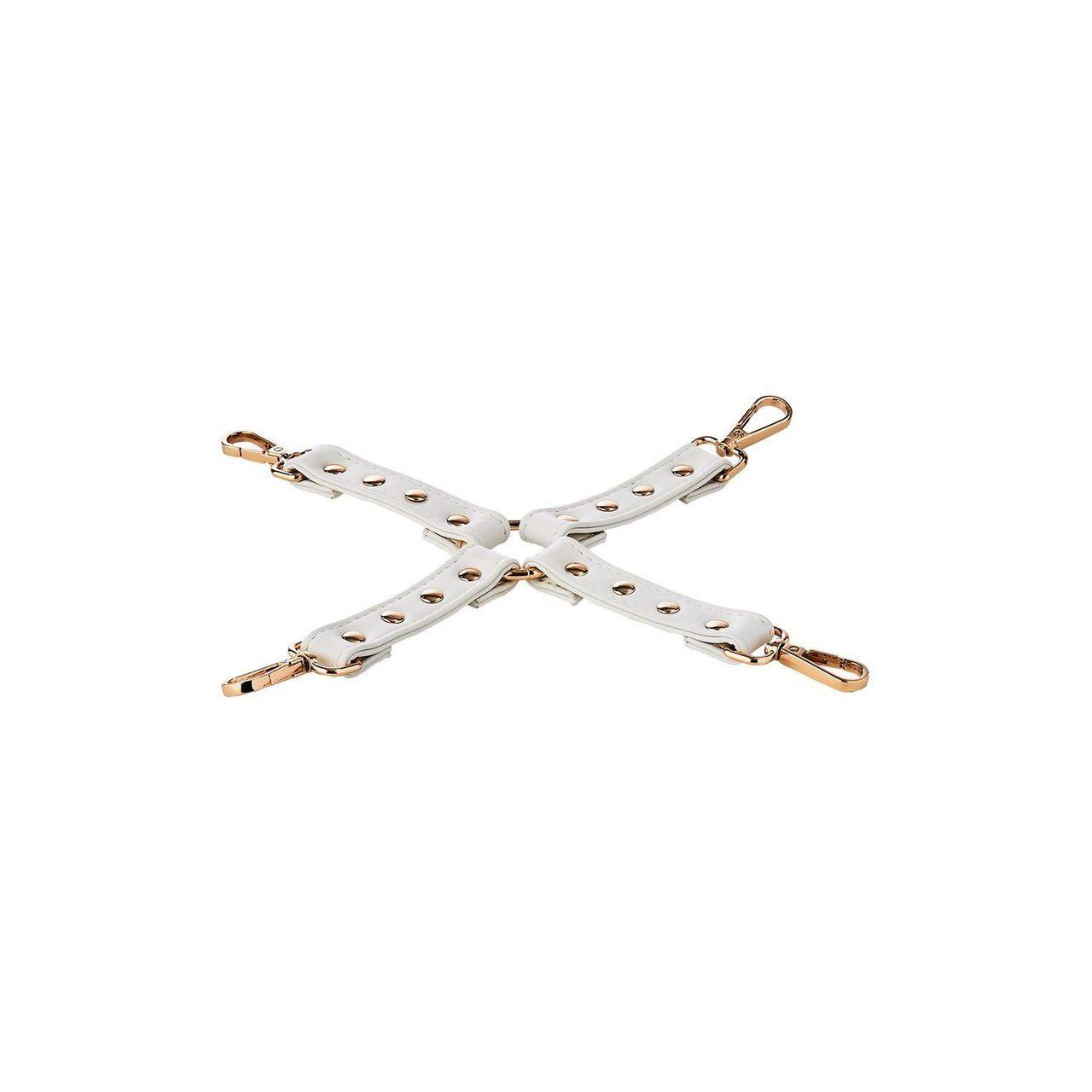 Białe więzy hogtie BDSM z eko skóry i 4 karabińczykami | Loris.pl