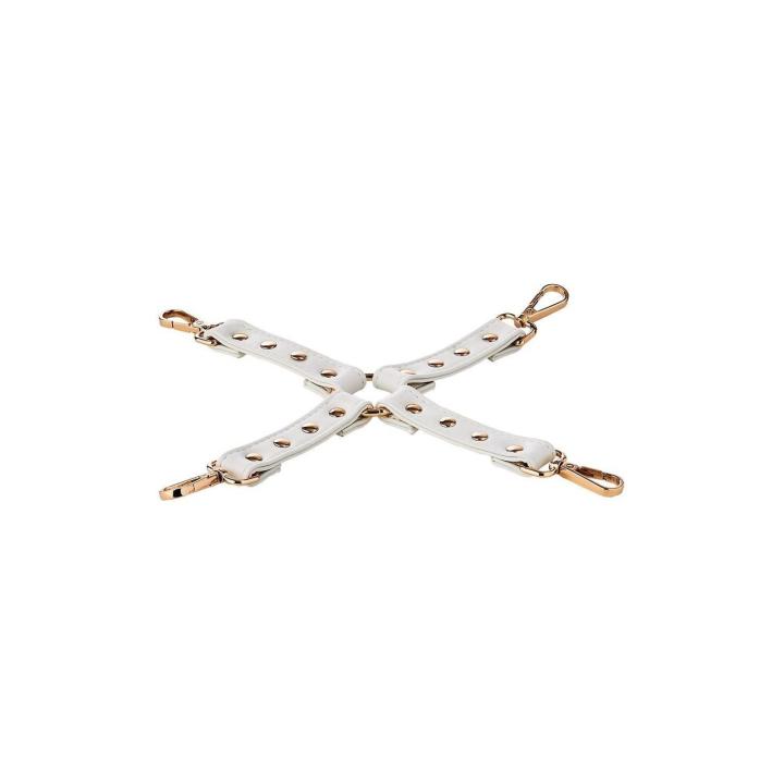 Białe więzy hogtie BDSM z eko skóry i 4 karabińczykami | Loris.pl