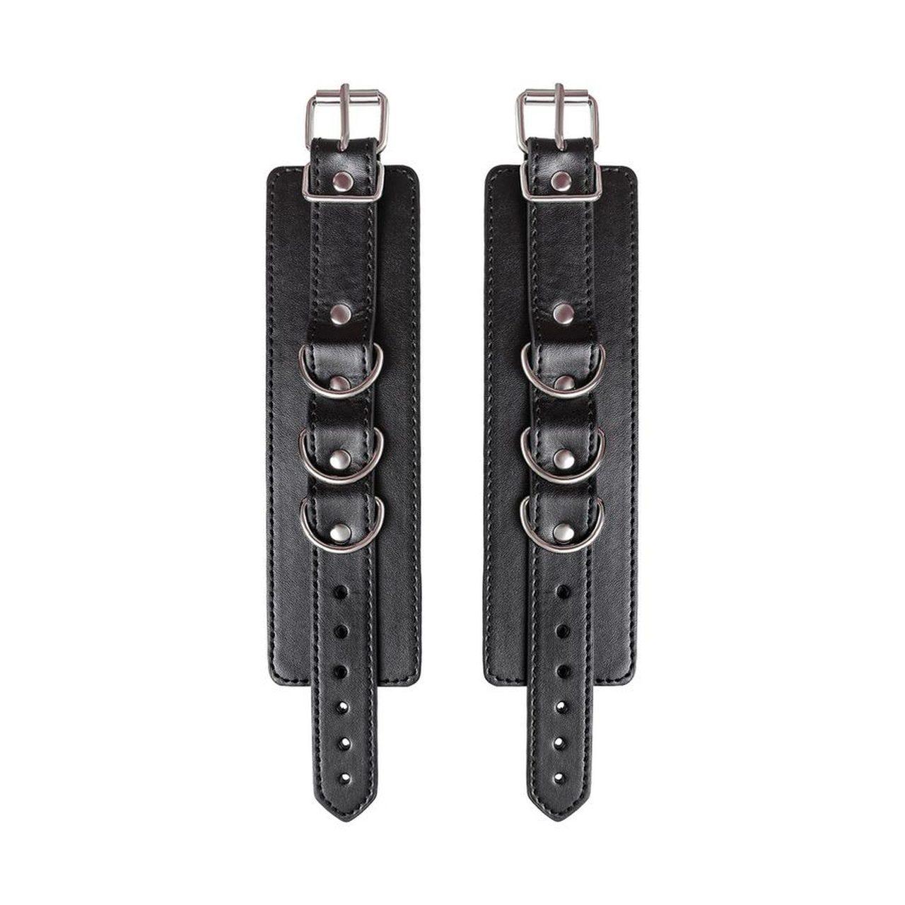 Skórzane kajdanki BDSM czarne z welurem i karabińczykami | Loris.pl