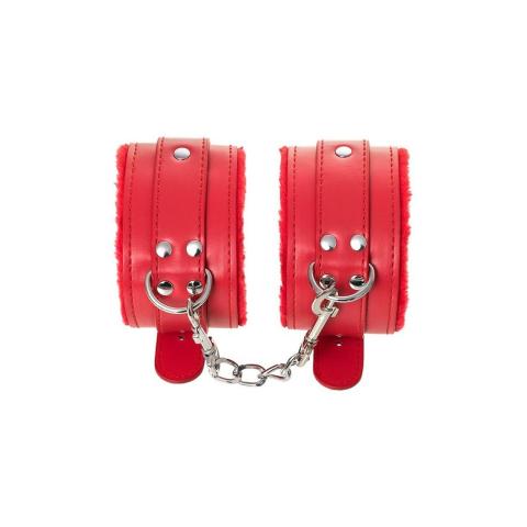 Skórzane kajdanki BDSM czerwone 27 cm – welur, poduszka, karabińczyki