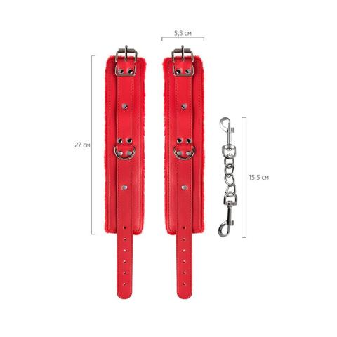 Skórzane kajdanki BDSM czerwone 27 cm – welur, poduszka, karabińczyki