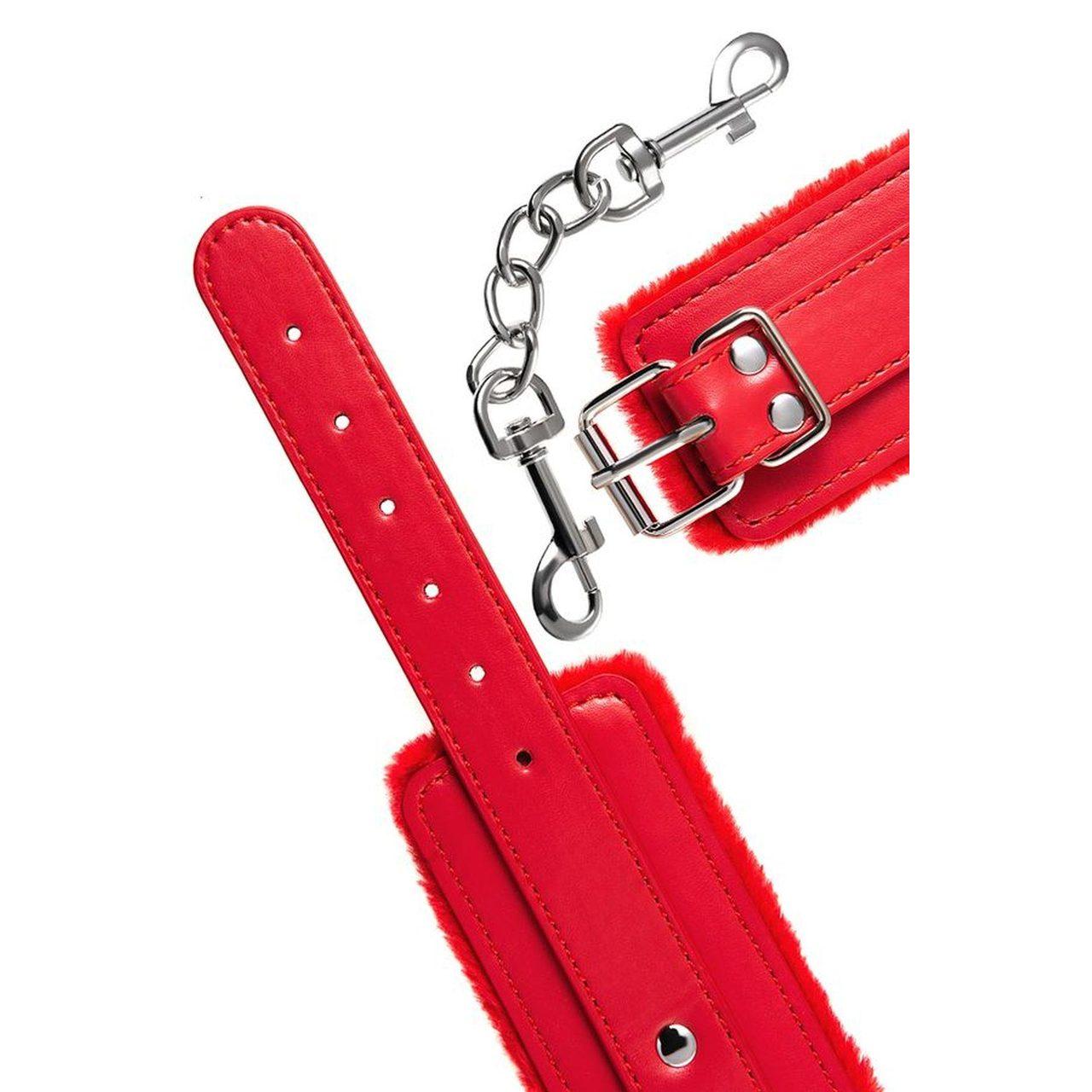 Skórzane kajdanki BDSM czerwone 27 cm – welur, poduszka, karabińczyki | Loris.pl
