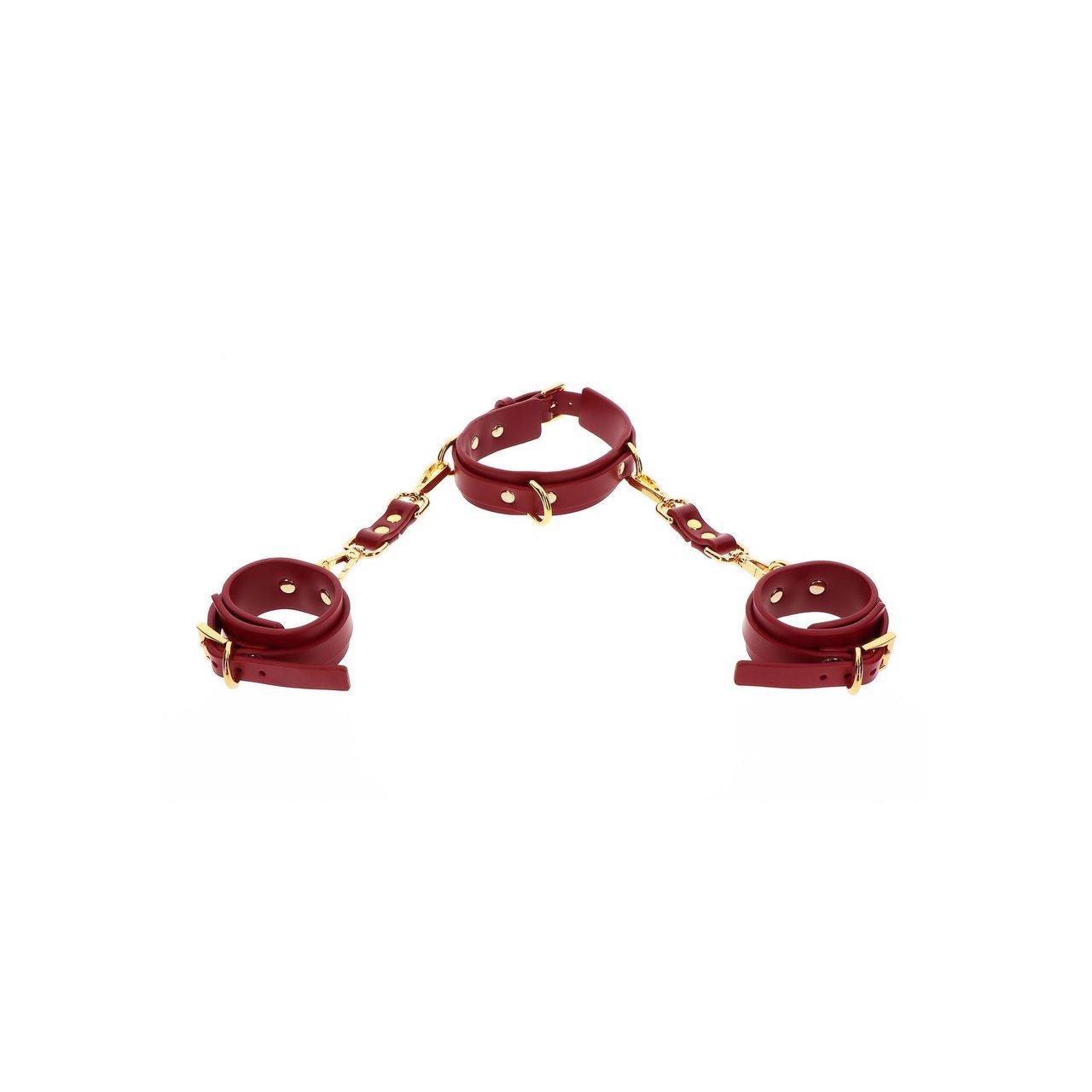 Czerwona obroża z D-ringiem i mankiety BDSM na nadgarstki | Loris.pl