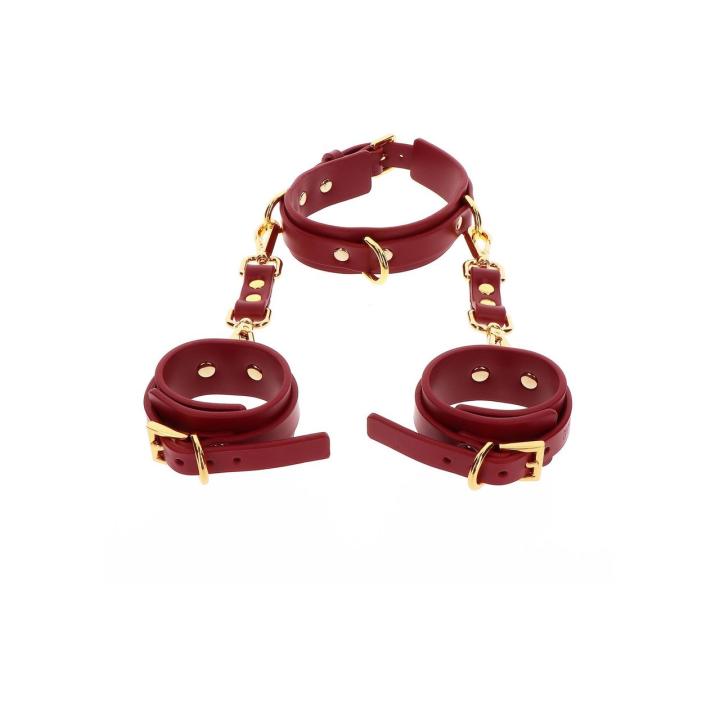 Czerwona obroża z D-ringiem i mankiety BDSM na nadgarstki | Loris.pl
