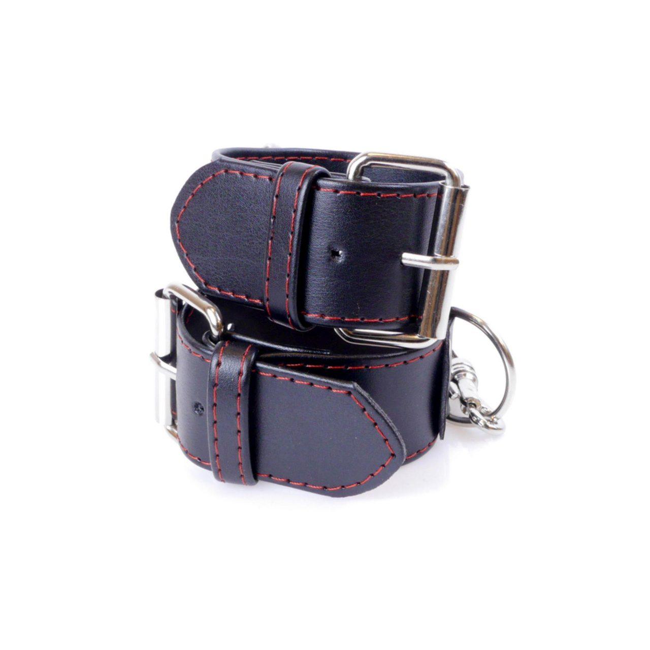 Kajdanki BDSM czerwone 4 cm – regulowane 18–22 cm, odpinany łańcuszek