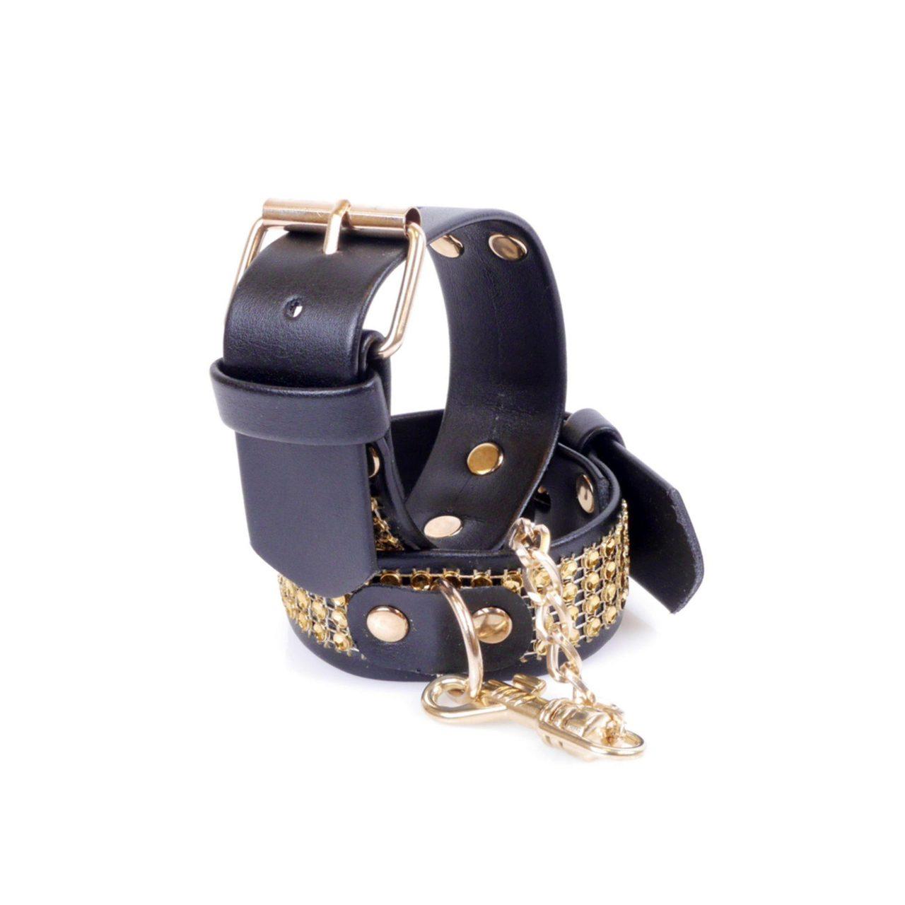 Złote kajdanki BDSM z kryształkami 3 cm | Regulowane 18–22 cm