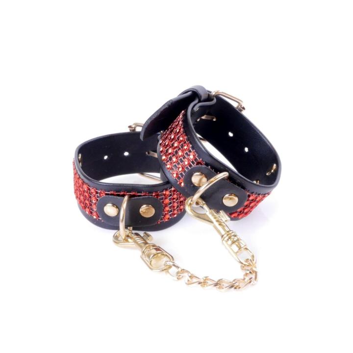 Czerwone kajdanki BDSM z kryształkami 3 cm | Regulowane 18–22 cm