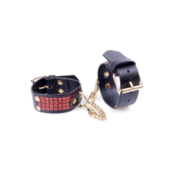 Czerwone kajdanki BDSM z kryształkami 3 cm | Regulowane 18–22 cm