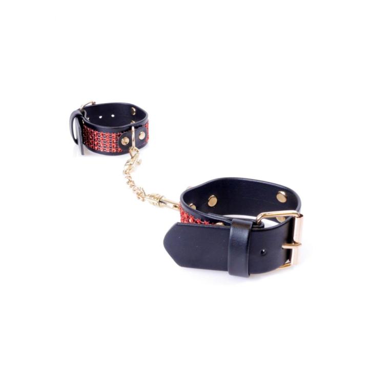Czerwone kajdanki BDSM z kryształkami 3 cm | Regulowane 18–22 cm