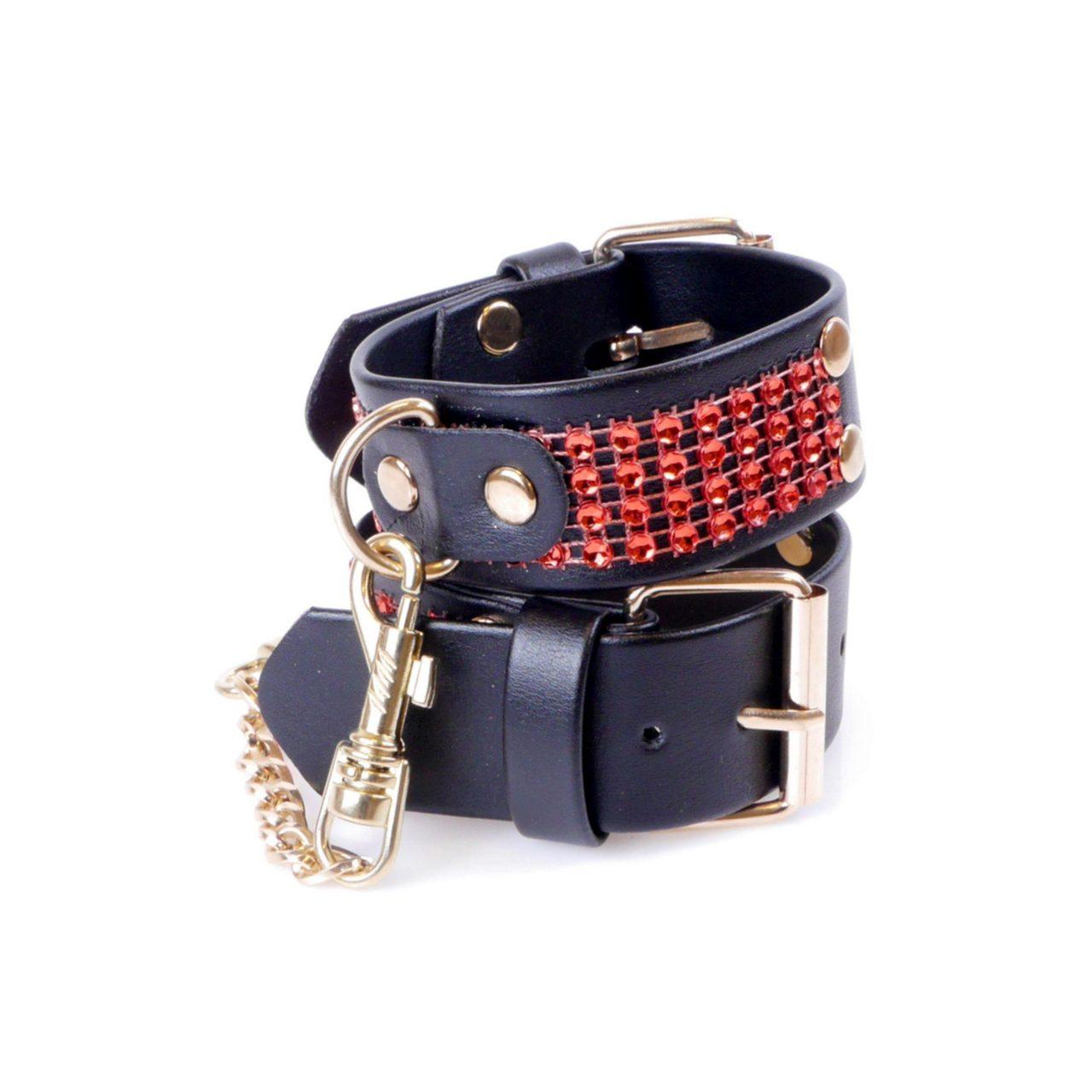 Czerwone kajdanki BDSM z kryształkami 3 cm | Regulowane 18–22 cm