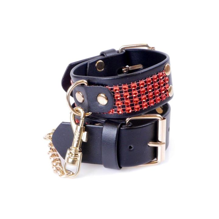 Czerwone kajdanki BDSM z kryształkami 3 cm | Regulowane 18–22 cm