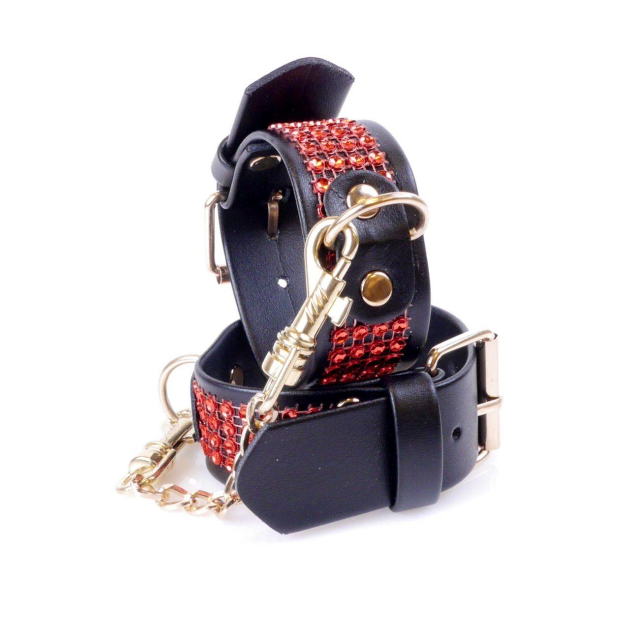 Czerwone kajdanki BDSM z kryształkami 3 cm | Regulowane 18–22 cm