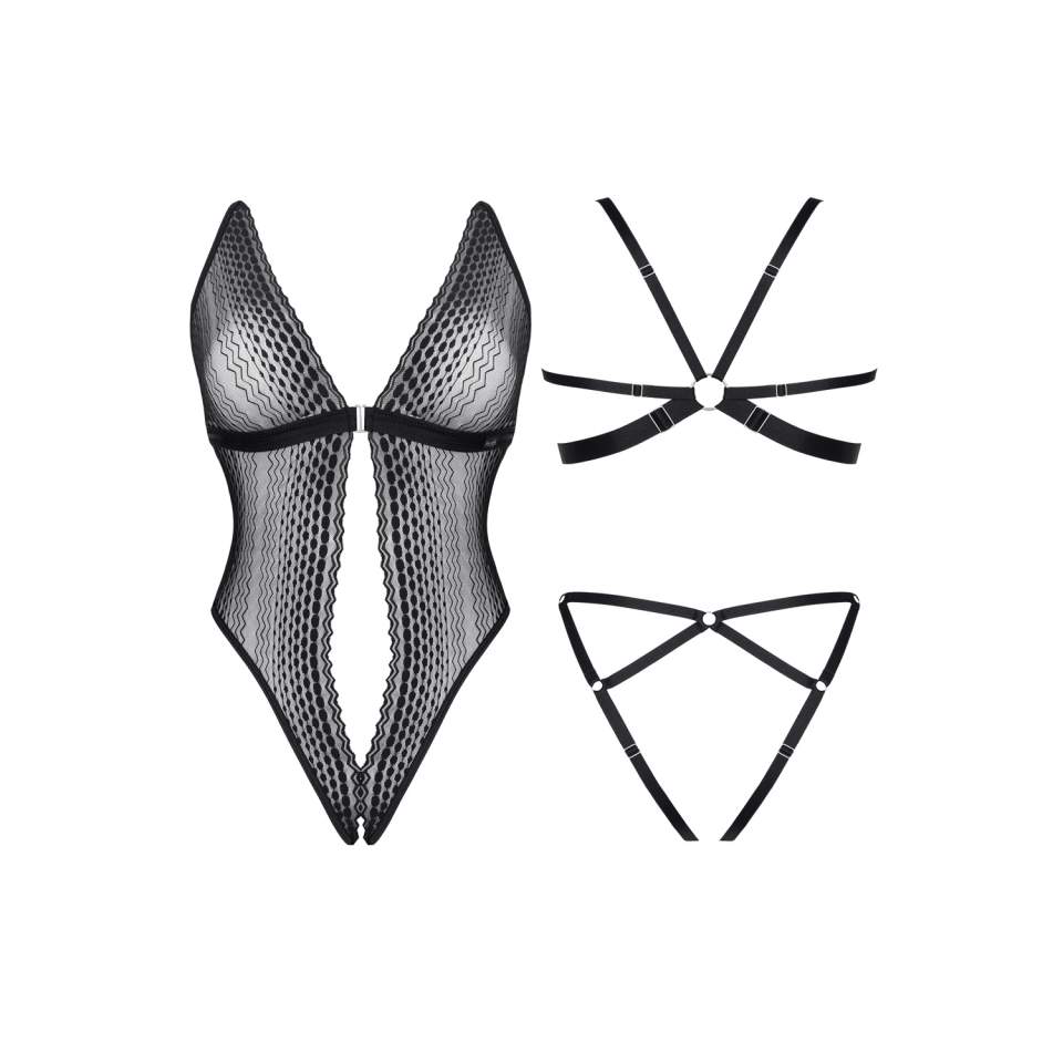 Czarne koronkowe body Demoniq Isbel z otwartym krokiem