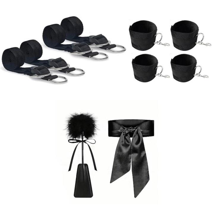 Zestaw BDSM pasy do łóżka z kajdankami i piórkiem | Loris.pl