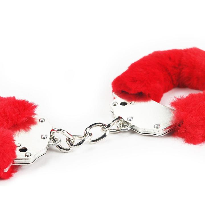 Czerwone kajdanki BDSM z futerkiem – 2 kluczyki i szybkie zwalnianie